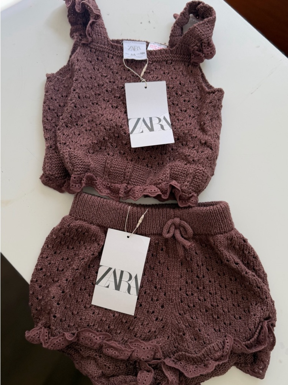 ZARA dusty mauve knit ruffle crop top & shorts set